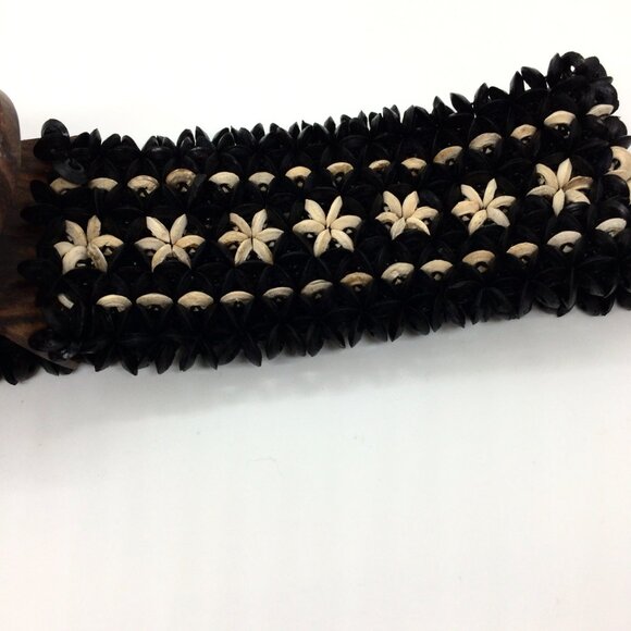 BOHO COCOCONUT BEAD Stretch Belt Wood Frangipani Buckle Black Cream main image 11